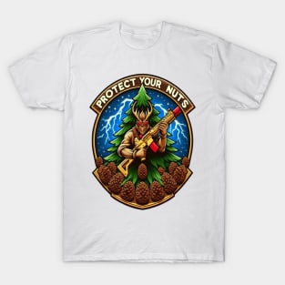 Fierce Cartoon Squirrel Defending Pine Cones With a Toy Gun Amidst Lightning T-Shirt